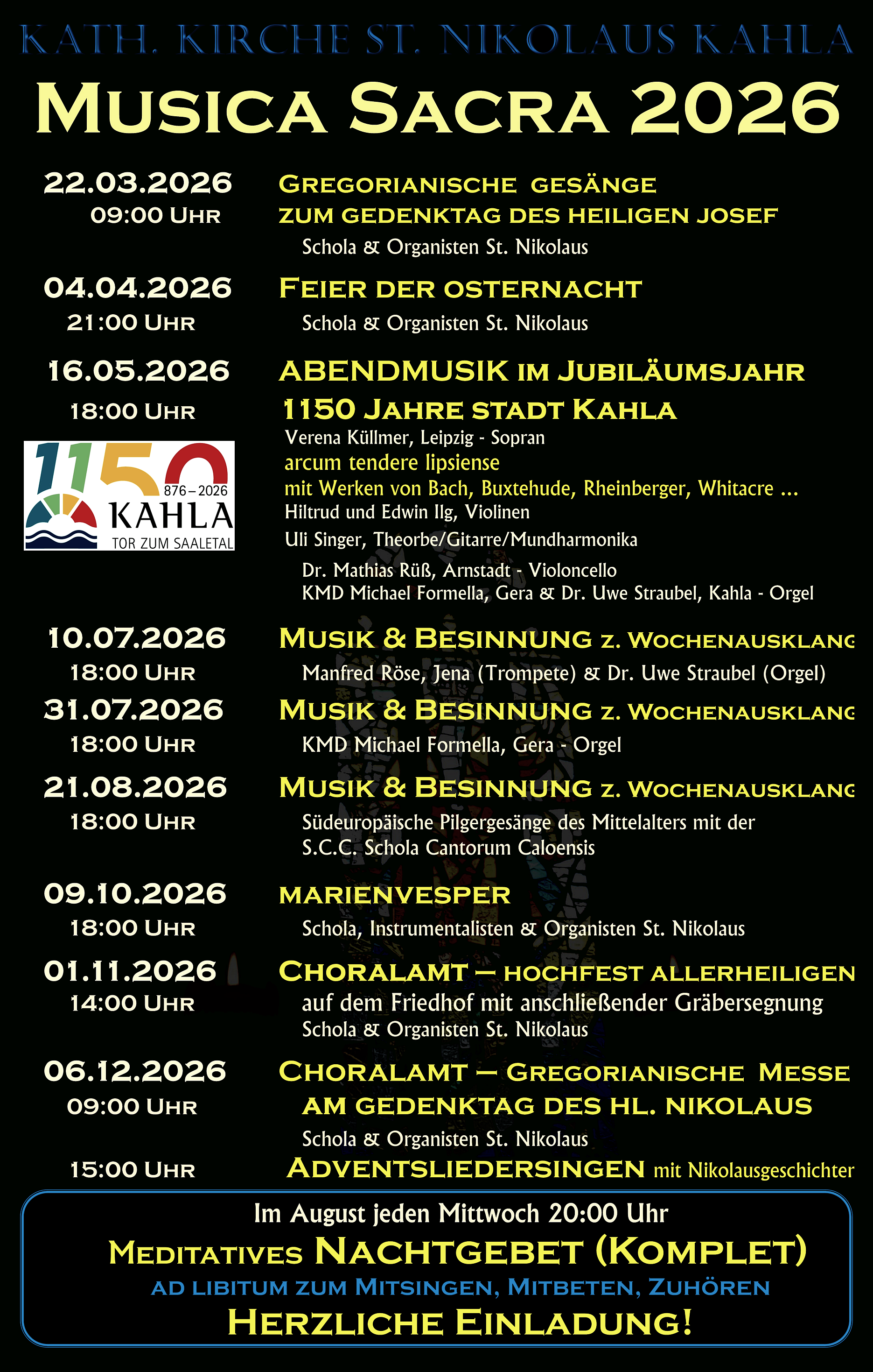 Jahresprogramm 2026 Musica Sacra in der katholischen Kirche St. Nikolaus zu Kahla