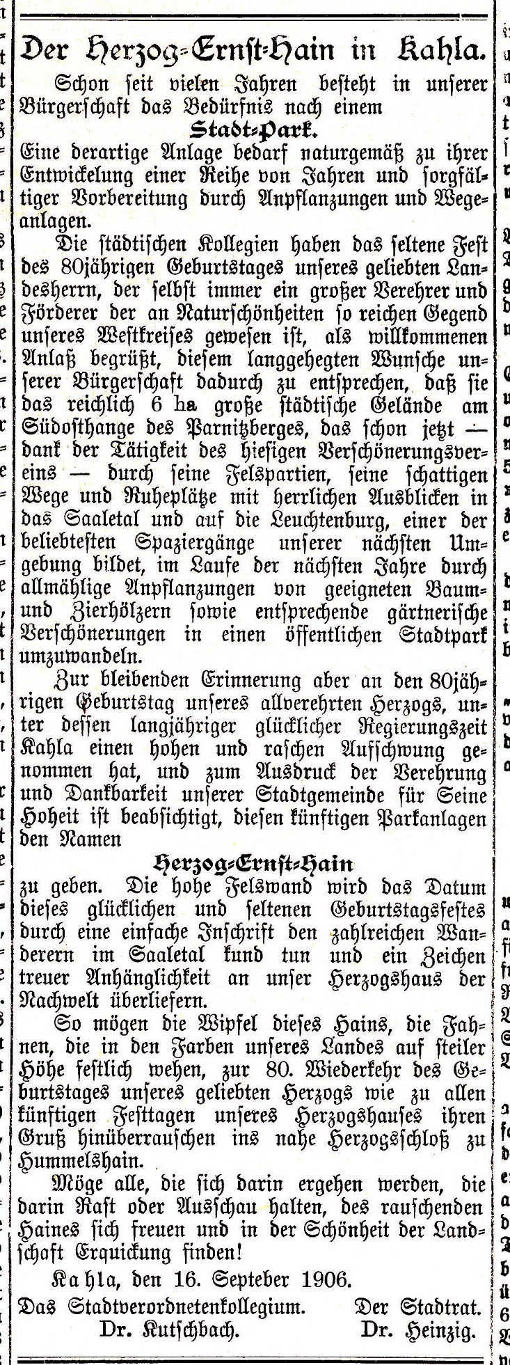 Originaldruck: Kahlaer Tageblatt vom 16. 9. 1906.