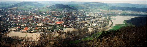 Hochwasser im April 1994: Historisches Panorama - Blick vom Dohlenstein auf Kahla Thüringen