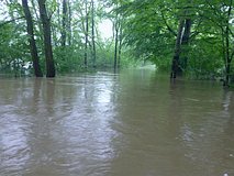 Hochwasser Mai/Juni 2013: der Fußweg zum Spielplatz unpassierbar, Lache und Saale vereint