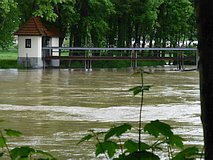 Hochwasser Mai/Juni 2013: das Saalewehr am Fuß-/Radweg nach Kleineutersdorf ist komplett überflutet