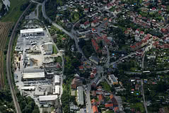 Luftbilder von Kahla: Blick aufs Betonwerk - mittig die Spinne (Kreuzung) und der Kindergarten Märchenland